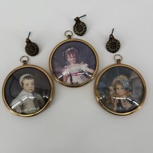 Vintage Peter Bates Miniature Portrait Set w/ 3 Brass Floral Hooks England